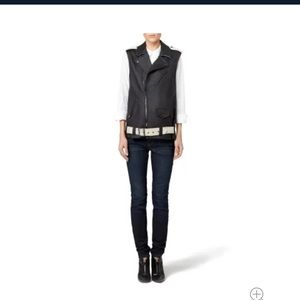 Laveer Black coated linen notched. Epaulettes Motorcycle vest Asymmetrical zip